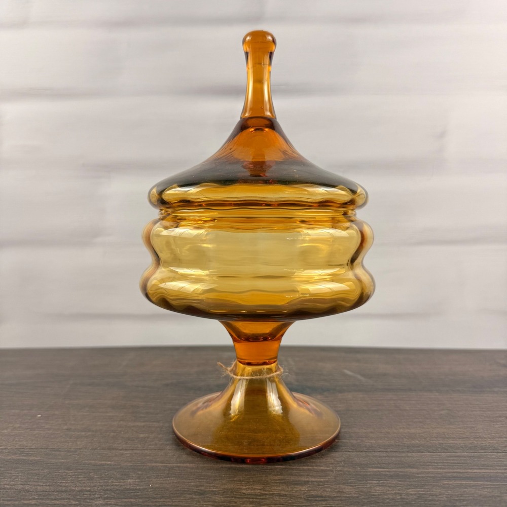 Empoli Amber Glass Circus Tent Covered Candy Dish Pedestal MCM